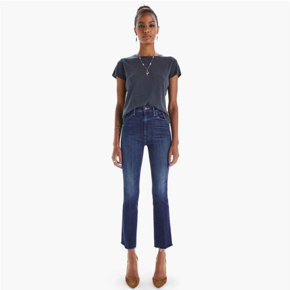 Mother The Hustler Ankle Fray Jeans High Rise‎ Flare Freebird Dark Blue Wash 26